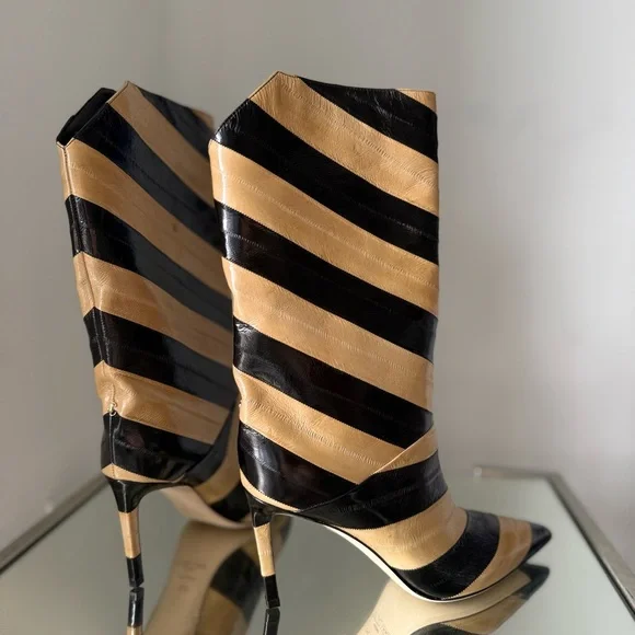New Jimmy Choo Beren Boot Eel Skin Striped Black and Cognac $1,895 39 - Picture 9 of 12